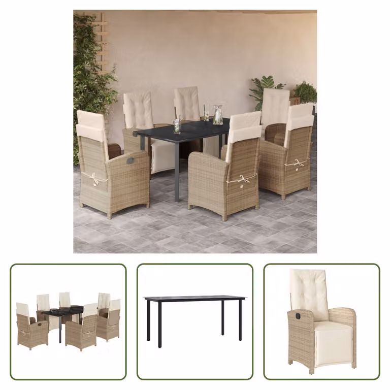 The Living Store Set da pranzo da giardino 7 pezzi con cuscini Beige poly rattan
