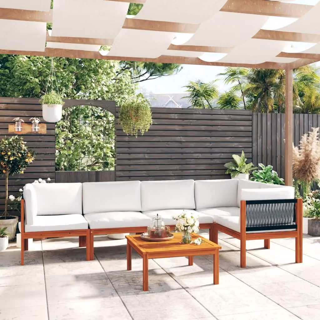The Living Store Set da giardino da 6 pezzi con cuscini in legno massiccio di acacia bianco crema