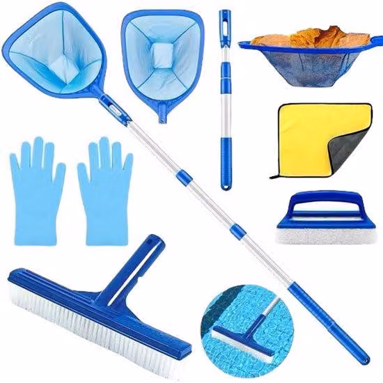 Ultiluxe Set di pulizia per piscina - Rete con asta telescopica - Guanti, spazzola grande, panno - Manutenzione piscina - Lunghezza 185 cm - Blu