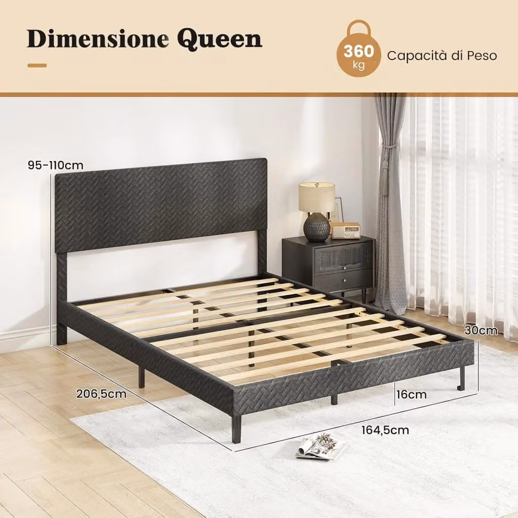 Letto Matrimoniale Costway in Velluto Grigio con Testiera Regolabile e Doghe in Legno L/P/H: 160 x 200 x 110 cm – 2