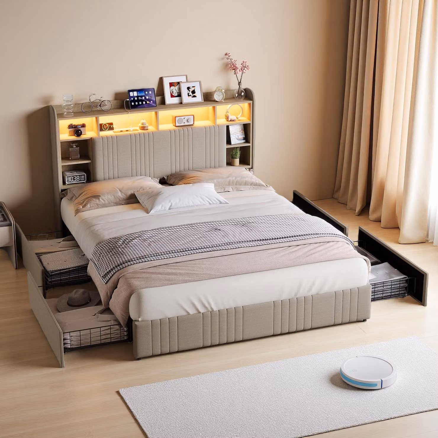 Letto imbottito ProximaX 160x200 cm in tessuto di lino beige con 4 cassetti, illuminazione LED RGB e stazione di ricarica (USB/USB-C/prese di corrente)