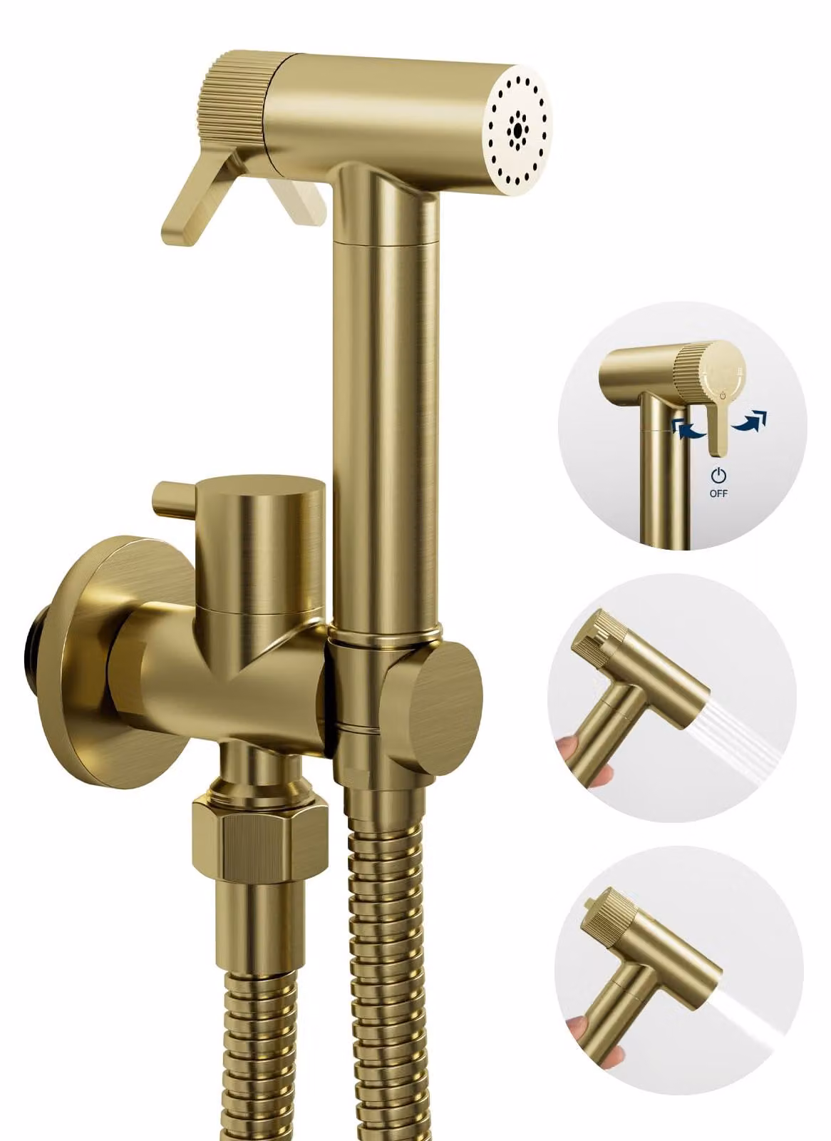 Bidet con doccetta manuale, doppia funzione, in ottone, finitura oro spazzolato, tubo da 1,2 metri