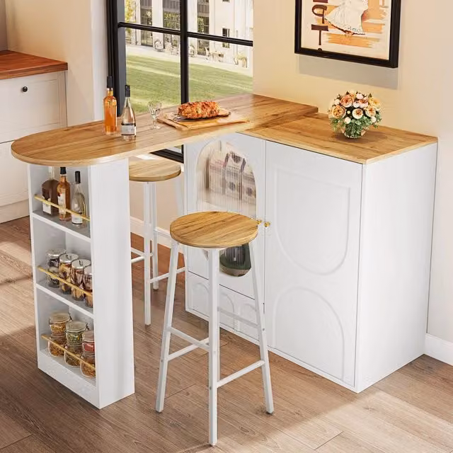 Set tavolo isola cucina e 2 sgabelli bar ¨C Minimal ¨C bianco effetto legno, porte vetro, ripiani regolabili