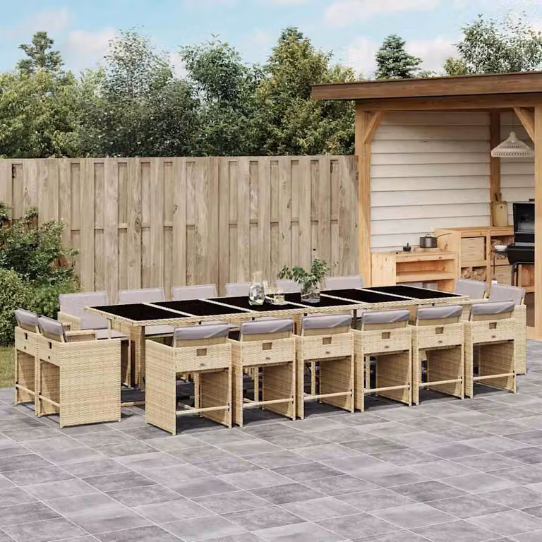 Set Pranzo da Giardino vidaXL 17 pz in Polyrattan con Cuscini Beige e Piano in Vetro