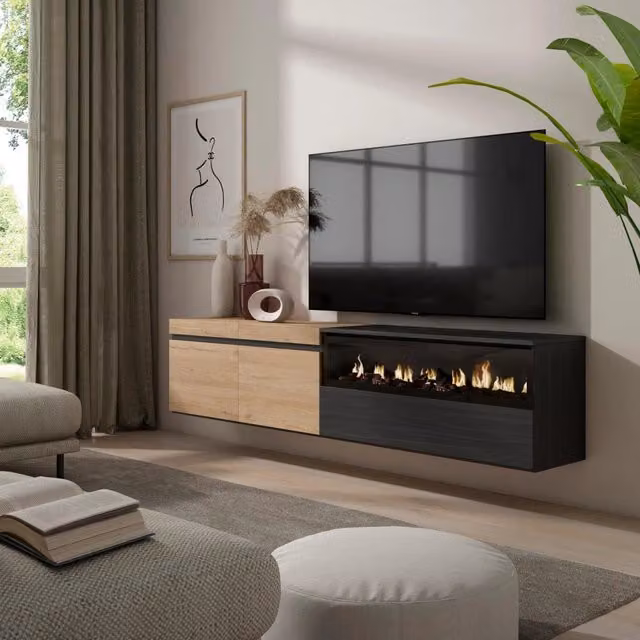 Mobile TV, 200x35x45cm, soggiorno, Per TV fino a 80", Camino elettrico, da appendere, colore Rovere e nero RF2267