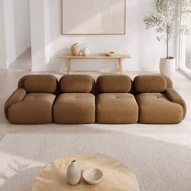 Divano angolare modulare 388x103x70 cm senza telaio in velluto a coste; marrone