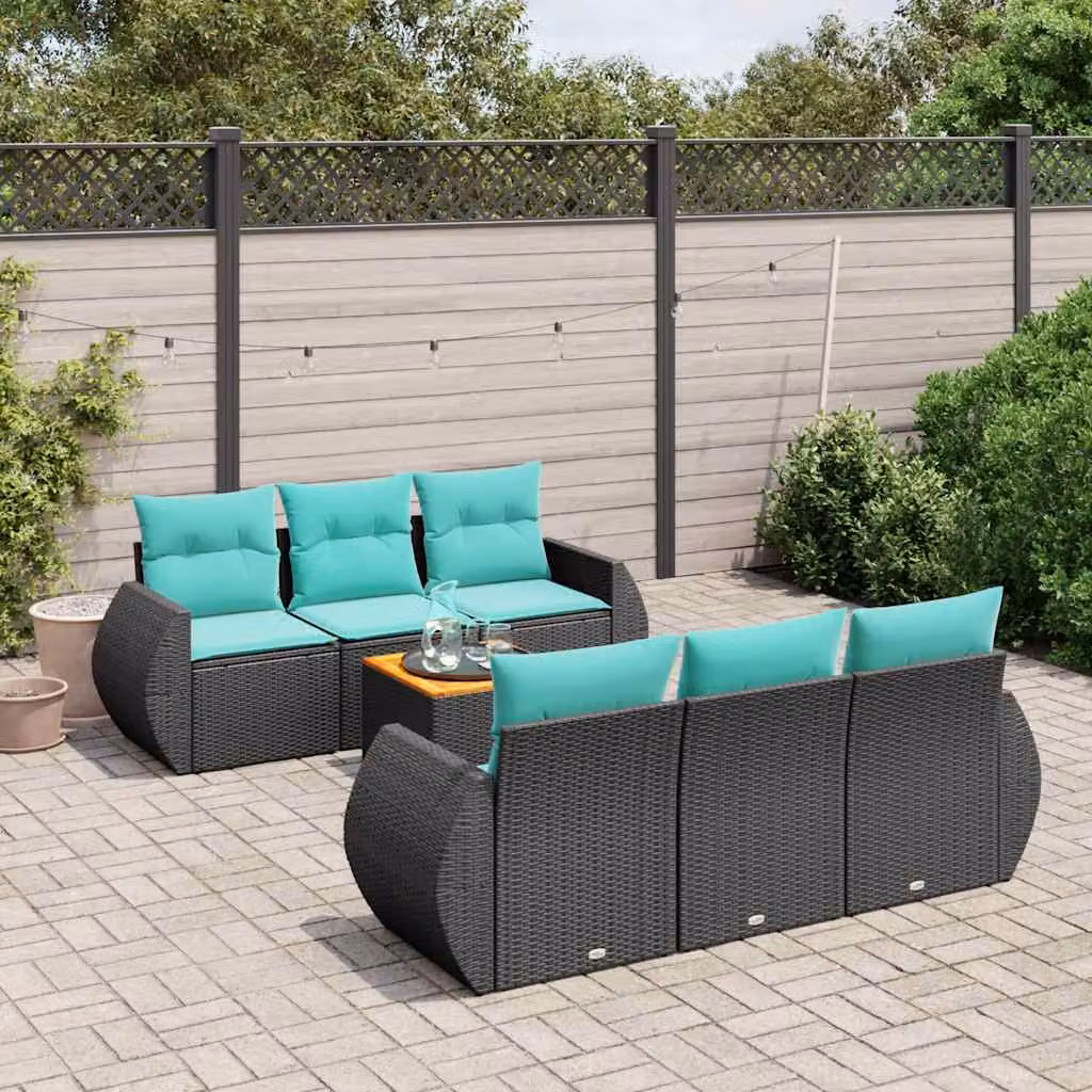 Set da giardino vidaXL in polyrattan nero con cuscini blu a forma di U composto da 7 pezzi