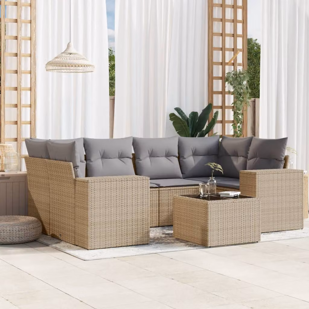 vidaXL Set Divani da Giardino 7 pz Moderno in Polyrattan con Cuscini Beige e Tavolino in Vetro – 1