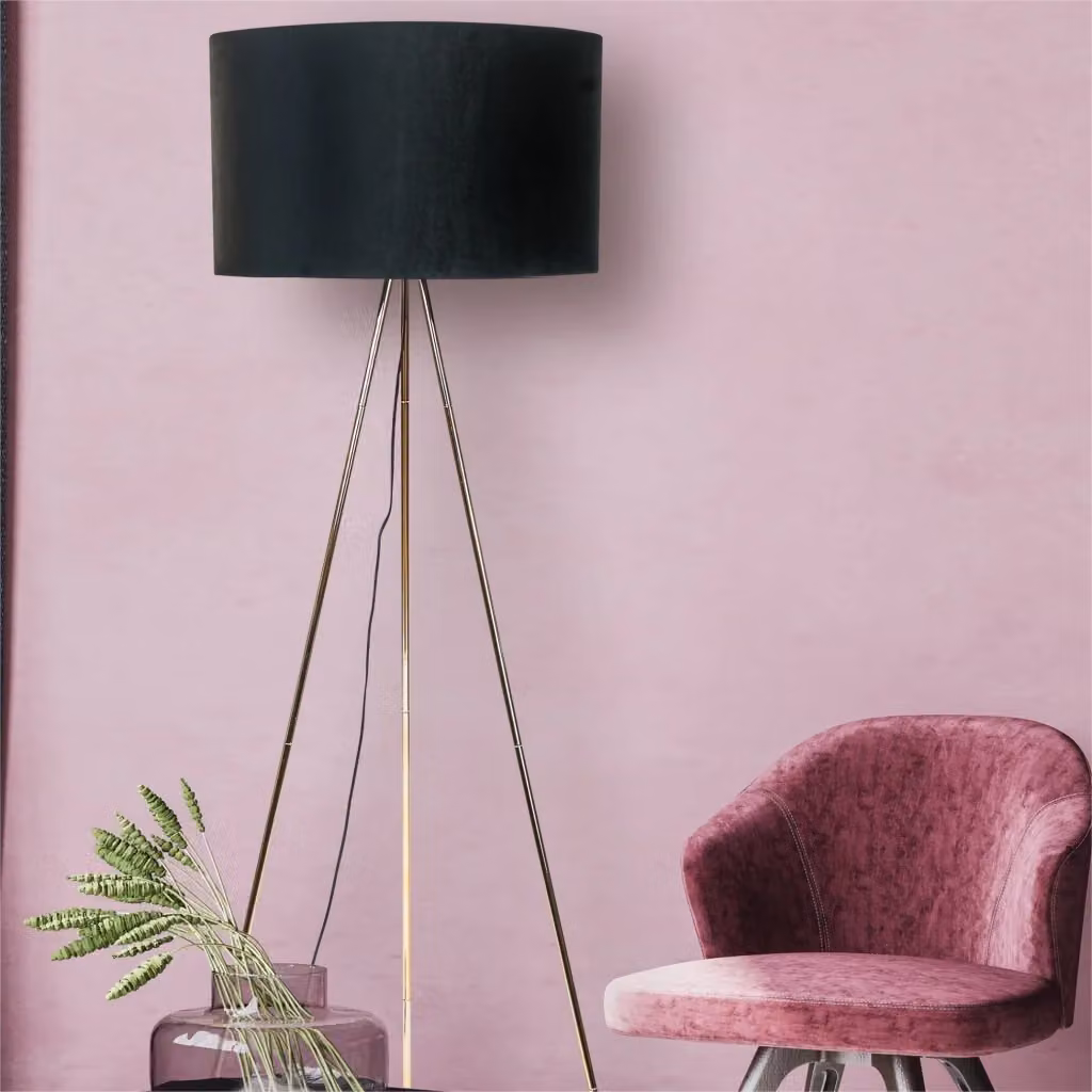 Lampada da terra treppiede INGA Zuma Line oro e nero con paralume in tessuto e attacco E27, Altezza: 155 cm – 2