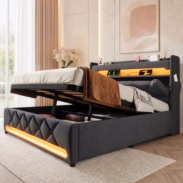 Letto imbottito 140x200 cm grigio con LED 360°, ricarica USB-C e vano idraulico