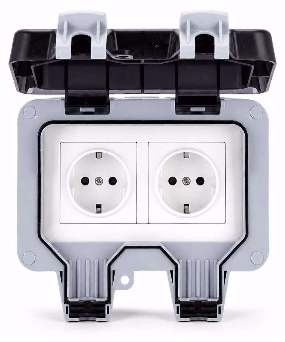 INF Presa da muro da esterno con coperchio IP66 - con doppie prese di corrente Grigio