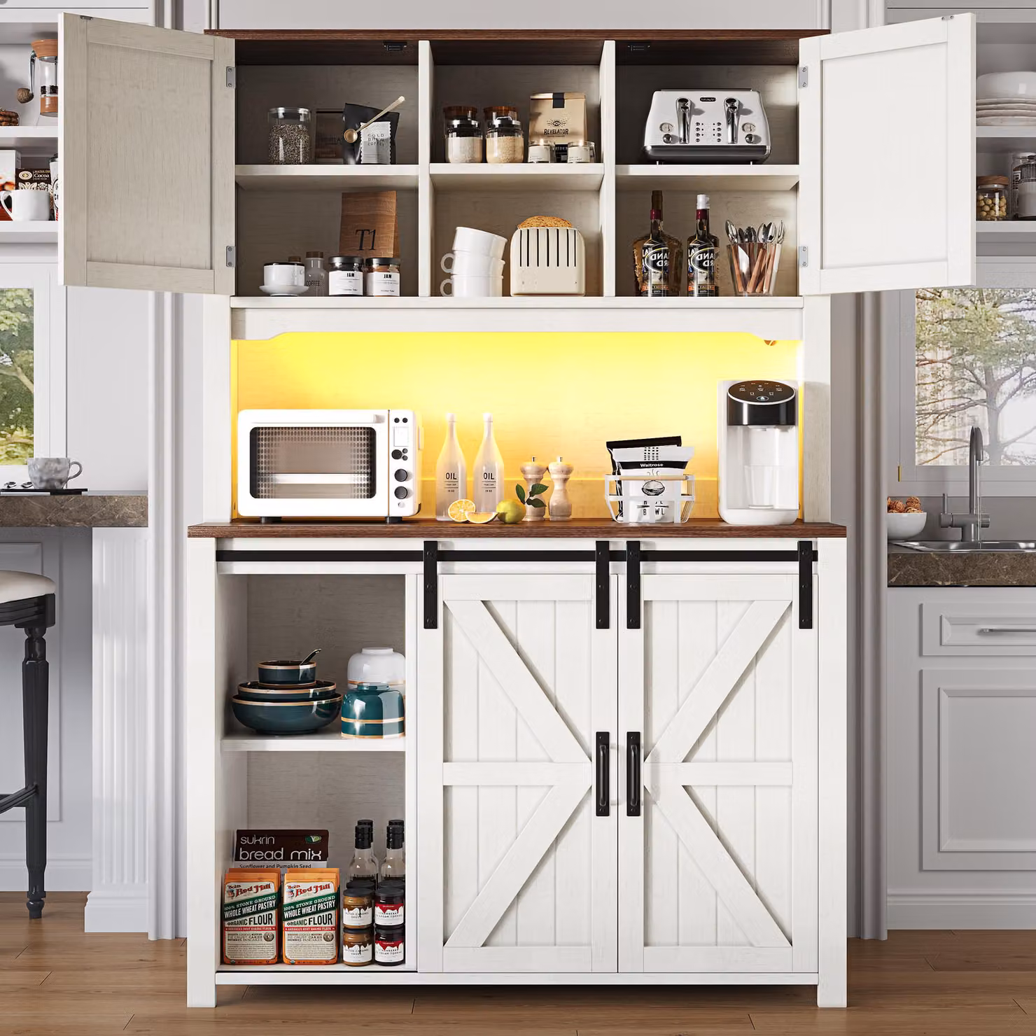 Armadi da cucina MODFU Armadio alto con sportelli magnetici e ripiani regolabili, armadio laterale con due cassetti spaziosi e design dell'anta a forma di X, bianco
