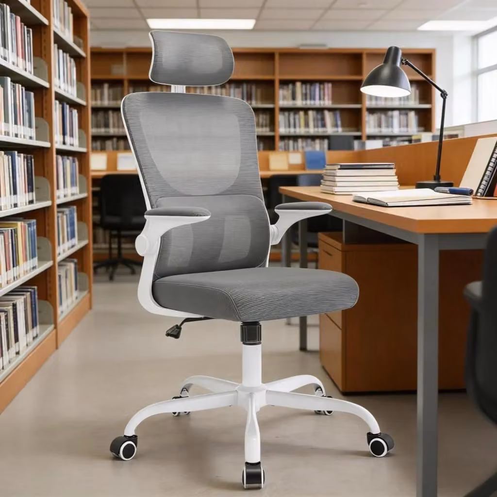 Sedia da gaming e ufficio ergonomica con poggiatesta, tessuto traspirante e struttura in metallo, grigia – 2
