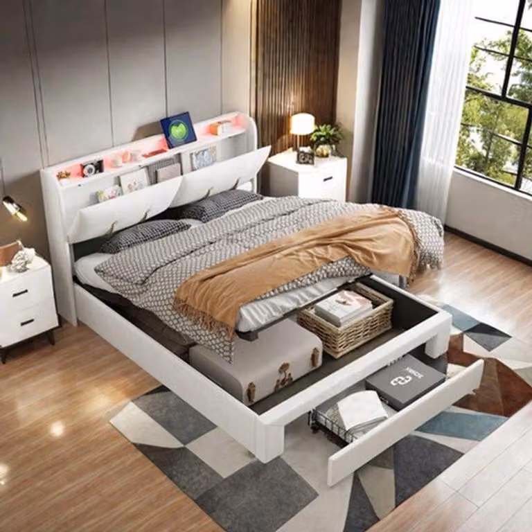 Letto matrimoniale imbottito - Velluto - Beige - 160x200 cm - Con spazio contenitore, porta USB e illuminazione LED