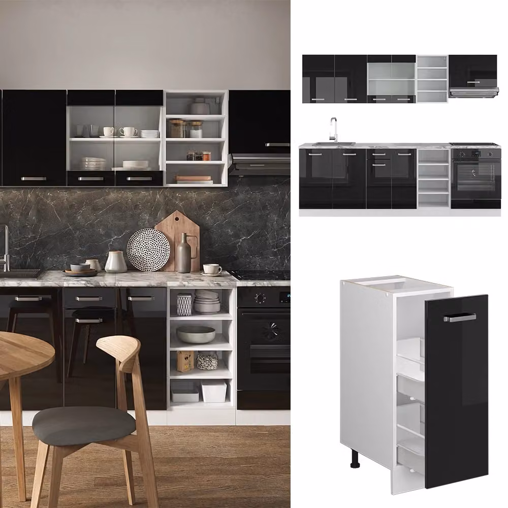 Cucina componibile moderna Vicco R-Line Nero lucido e Bianco, L: 240 cm, P: 60 cm, H: 170,5 cm – 2