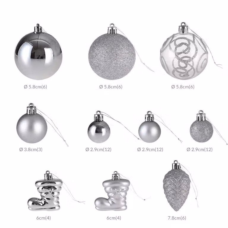 Set da 120 palline di Natale Casaria argento con decorazioni astratte e geometriche in plastica