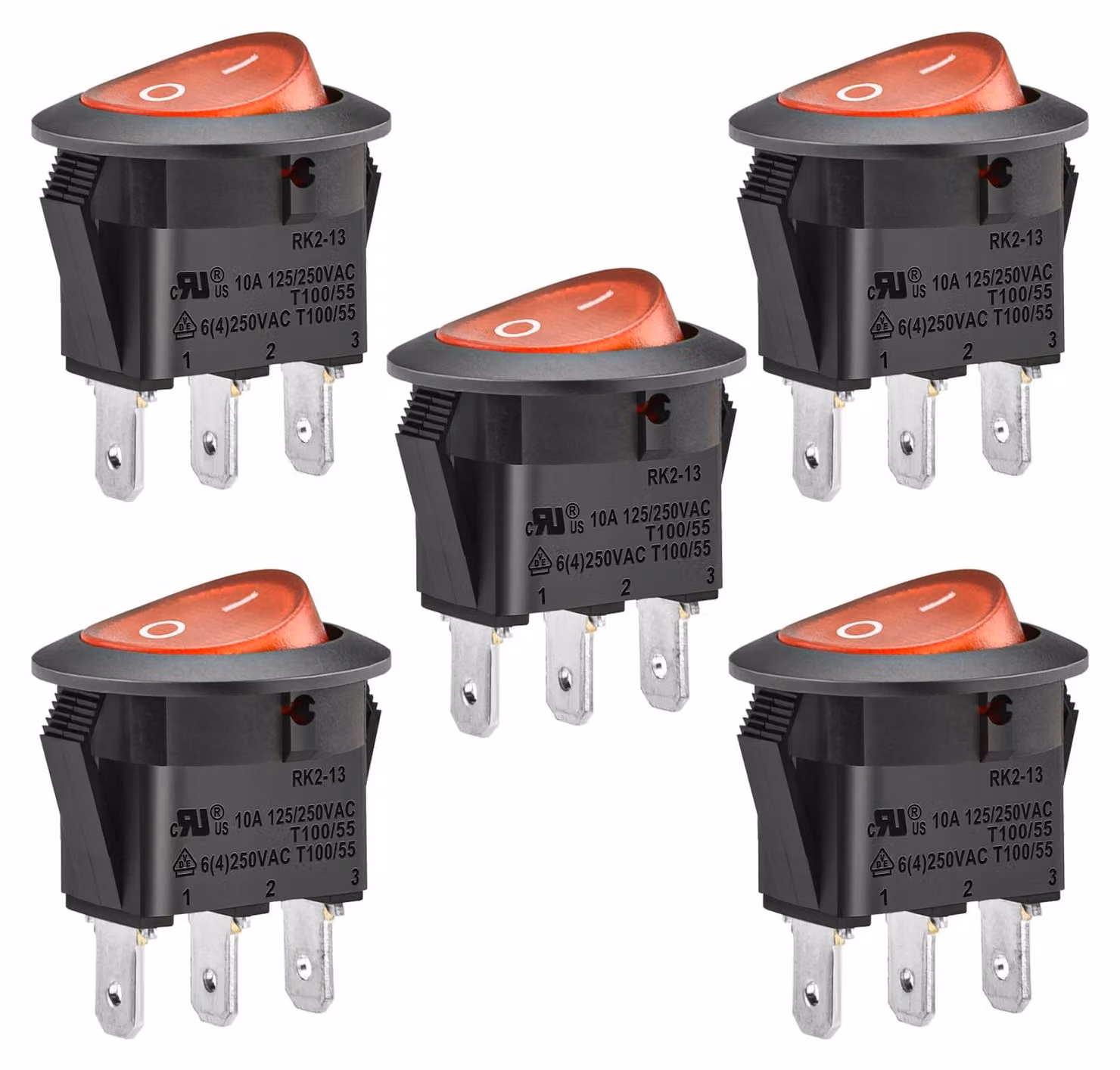 Interruttore a levetta rosso, SPST, 10A, 250V AC, confezione da 5 pezzi