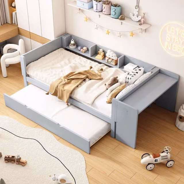 Letto per bambini 90 × 200 e 90 × 180 cm con letto estraibile, scrivania e 3 mensole, senza materasso, grigio