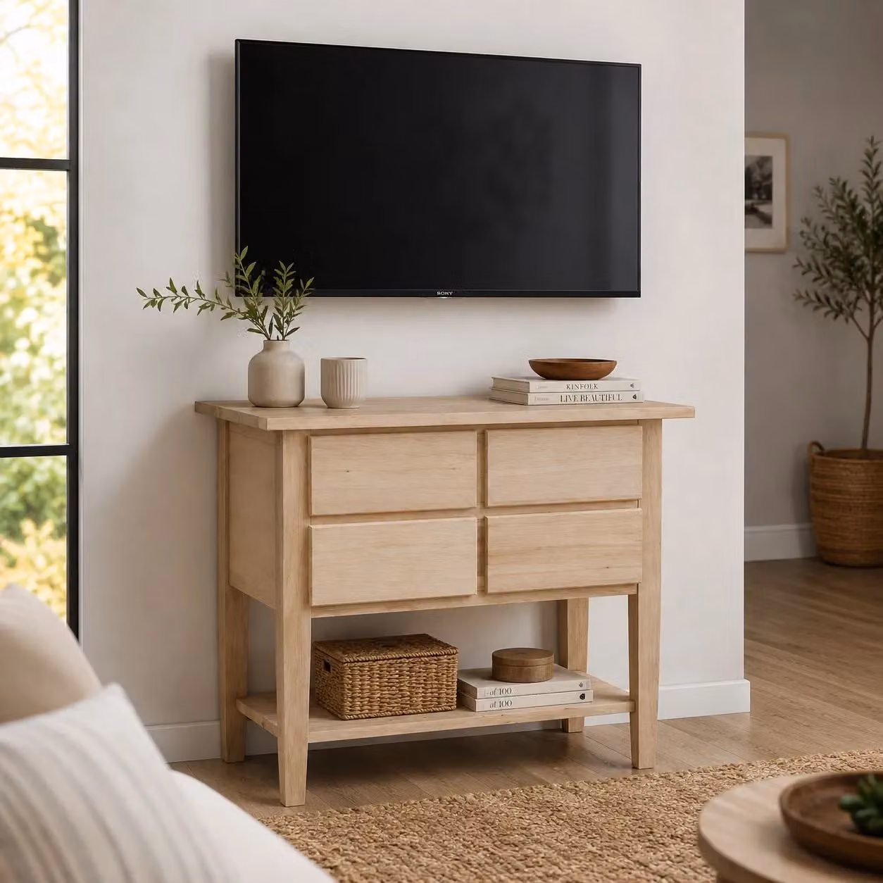 Porta TV Mobili 2G in legno di pino bianco con 4 cassetti e 1 ripiano L: 68 cm, P: 39 cm, H: 80 cm – 2