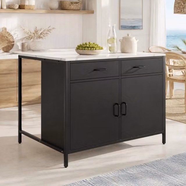 Tavolo alto WISHDOR nero con piano effetto marmo in MDF e gambe in metallo, L: 100 cm, P: 90 cm, H: 90 cm