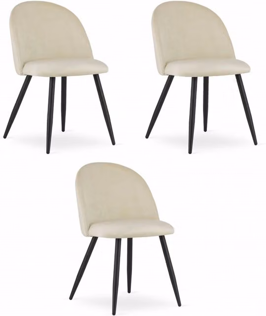 Set di 3 sedie Valora in velluto beige con gambe in metallo nero, stile moderno per soggiorno o ufficio, L: 42,5 cm, P: 47,5 cm, H: 76,5 cm