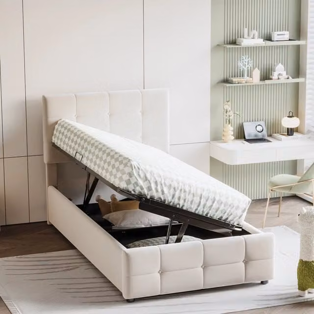 Letto contenitore Mivray con sollevamento idraulico e testiera regolabile rivestito in velluto beige L/P: 90 x 200 cm