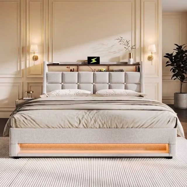 Letto imbottito 180x200 cm con LED, USB e rete a doghe in metallo, struttura in lino, colore beige chiaro (senza materasso)