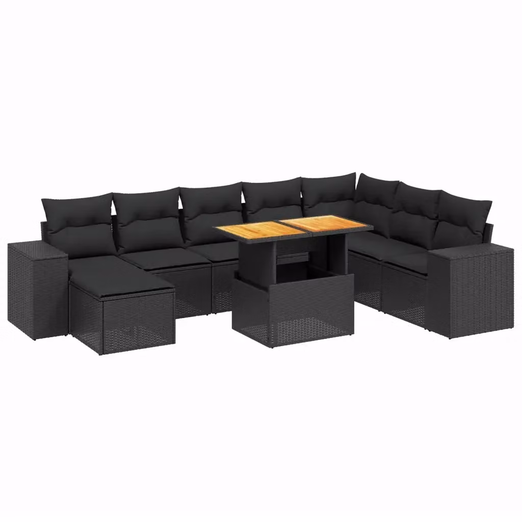 vidaXL Set Divani da Giardino 9 pz in Polyrattan Nero con Cuscini e Tavolino da Esterno – 2