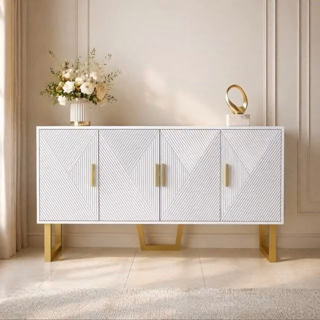 Madia a 4 ante con ripiani regolabili in MDF e pannello truciolare bianca con frontali lucidi 150 × 40 × 82 cm