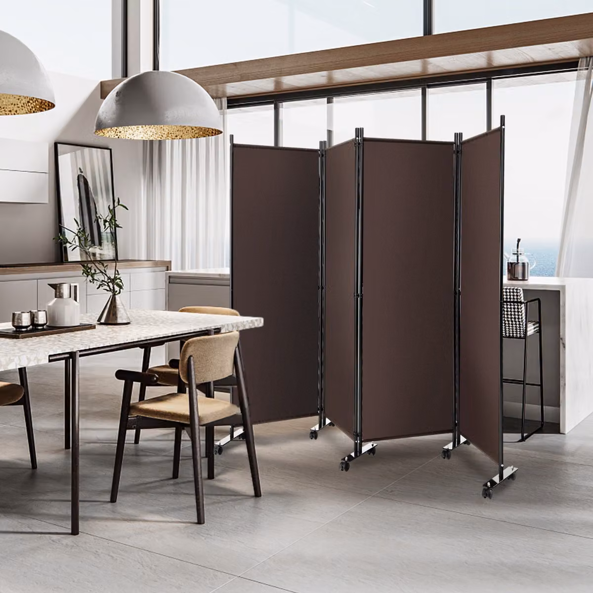 Paravento divisorio Costway con 4 pannelli su ruote in tessuto e metallo, ideale per casa, ufficio o soggiorno, colore marrone