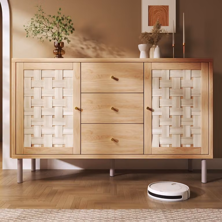 Comodino Flieks per soggiorno con 3 cassetti e 2 ante, credenza con ripiani regolabili, rovere