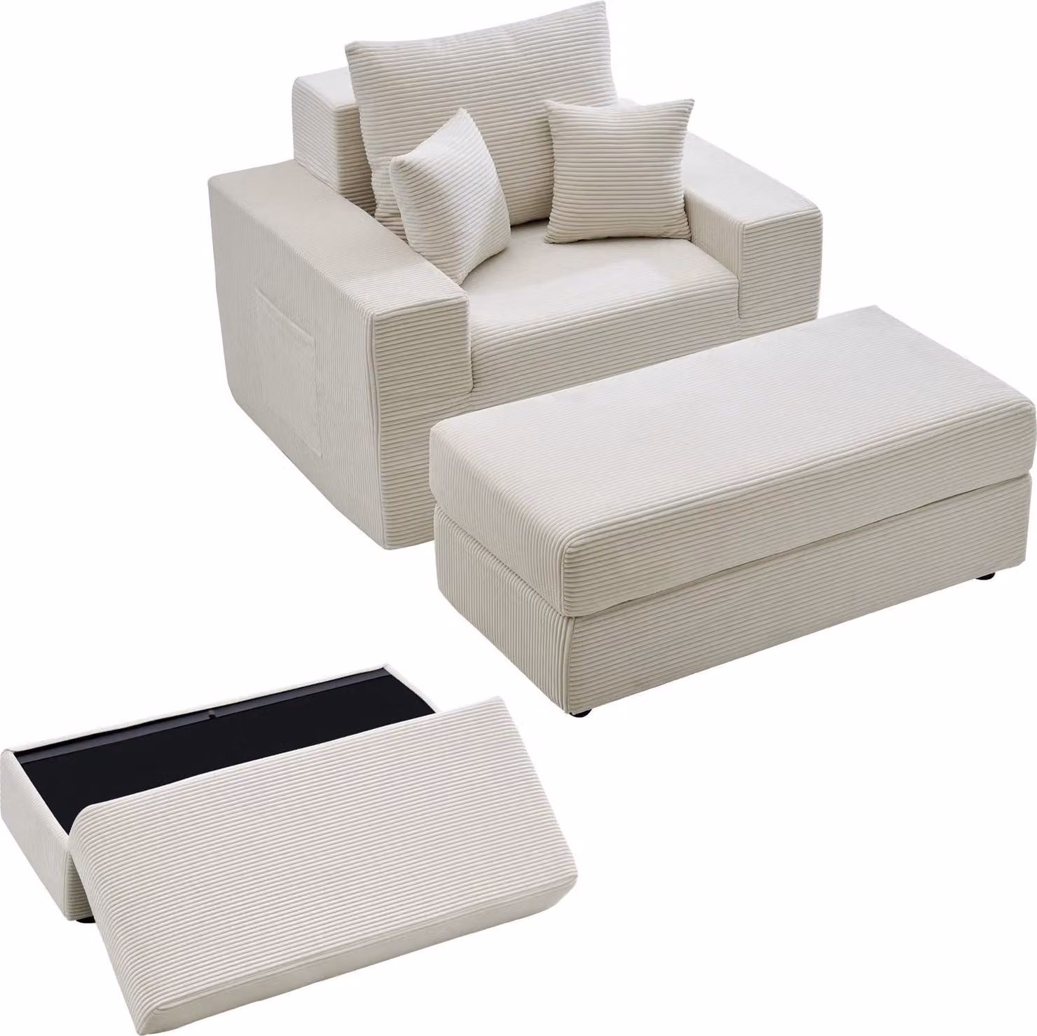 Chaise longue - Poltrona lounge Poltrona da lettura in velluto a coste - Seduta extra profonda - Con braccioli e cuscini - Larghezza 111,5 cm - Modulare - Per soggiorno/camera da letto - Beige
