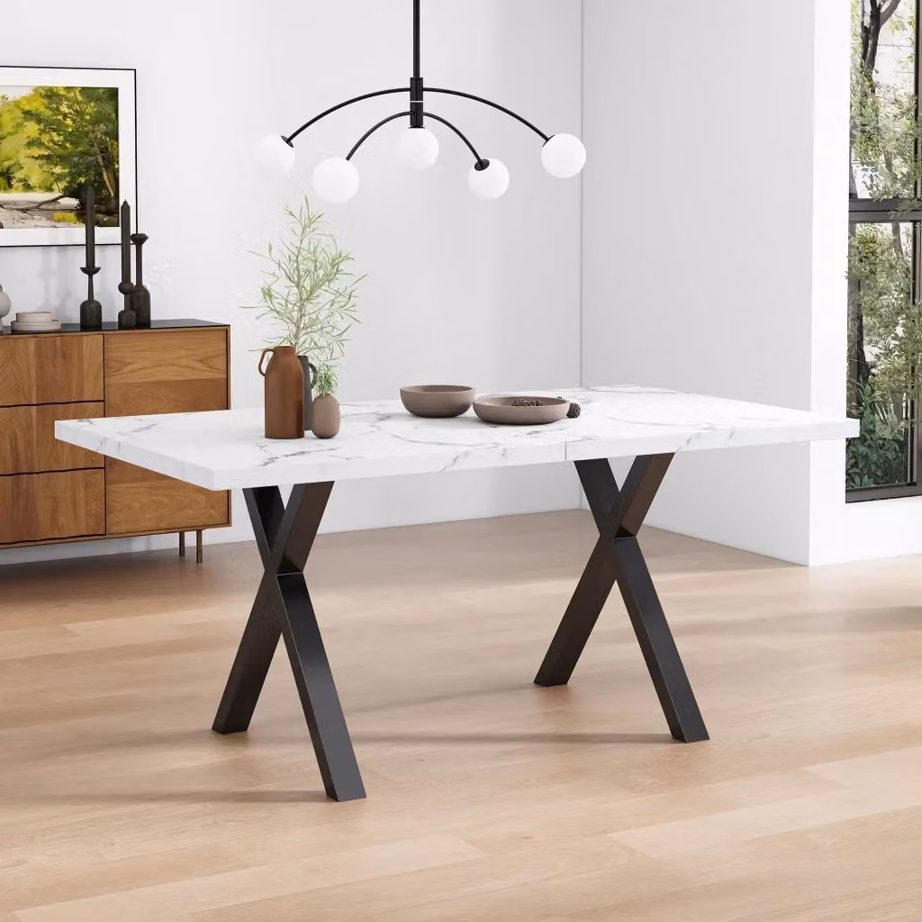 Tavolo da pranzo rettangolare OKWISH in MDF laminato bianco lucido con gambe a X in metallo per soggiorno e sala da pranzo – 2
