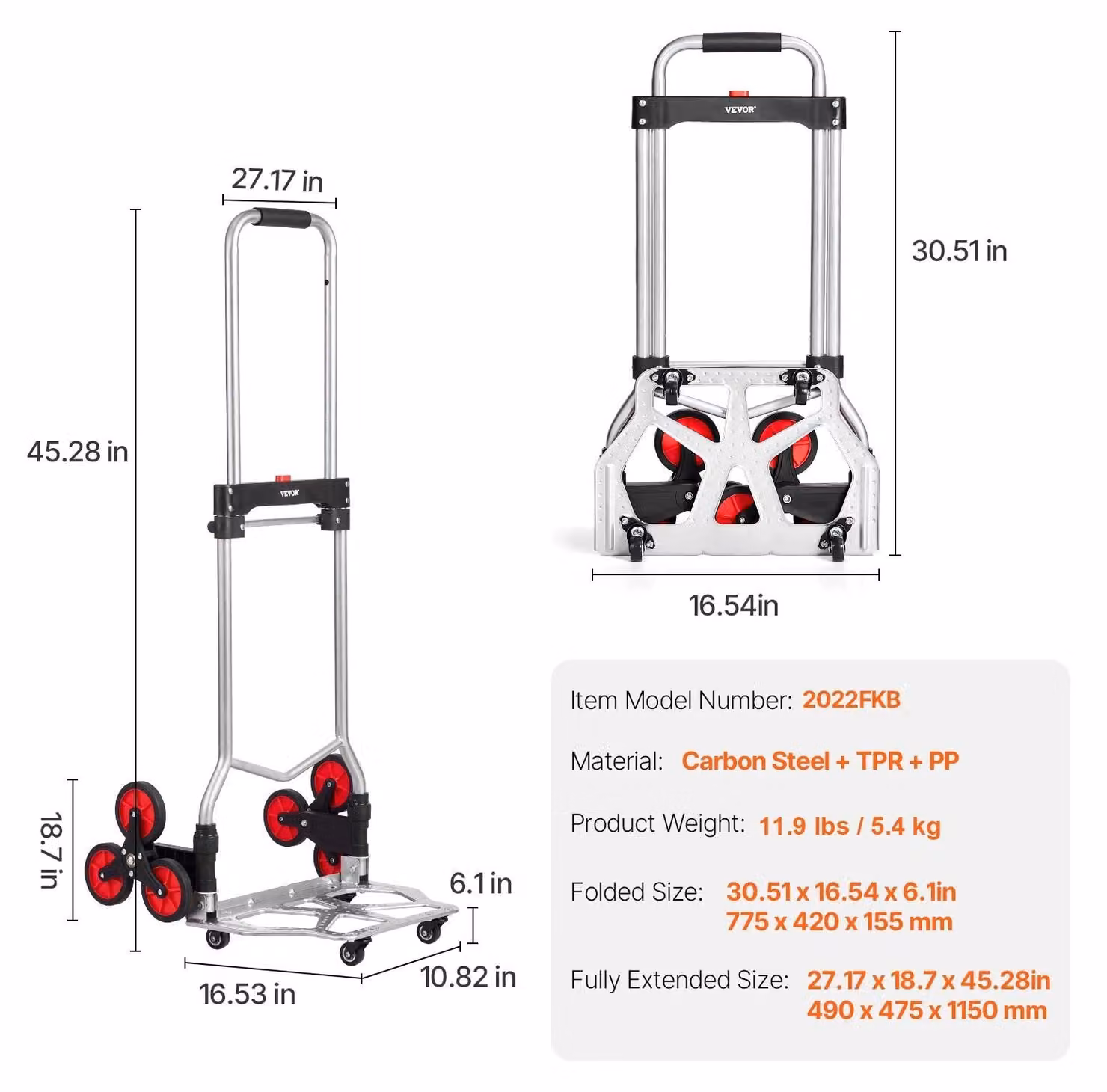 Carrello per scale - Carrello a mano - Carrello trasportatutto - Carrello pieghevole - Capacità di carico: 260 libbre