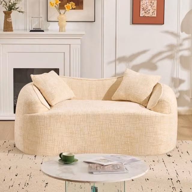Divano 2 posti velluto beige ¨C Minimal ¨C con braccioli e 2 cuscini compatti