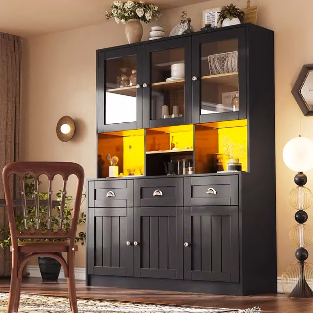 Credenza alta da cucina con LED e app 3 cassetti 6 ante ripiani regolabili vano aperto in MDF nera 140 × 40 × 175 cm