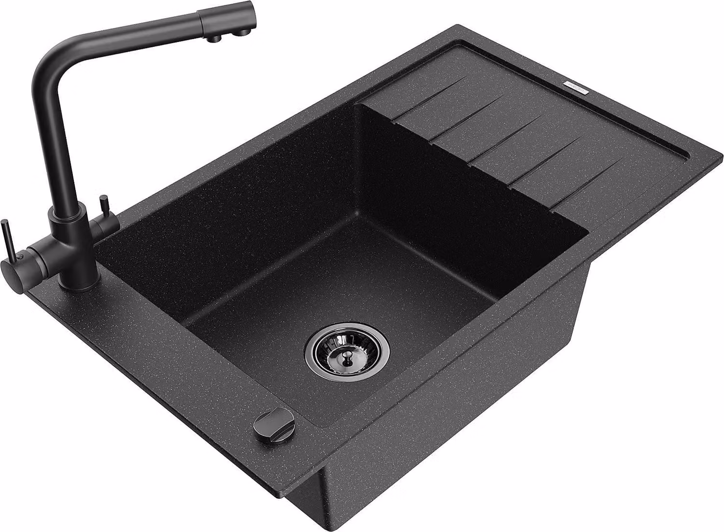 Mexen Elias lavello in granito a 1 vasca con scolapiatti e rubinetto da cucina Duero, nero/argento metallizzato