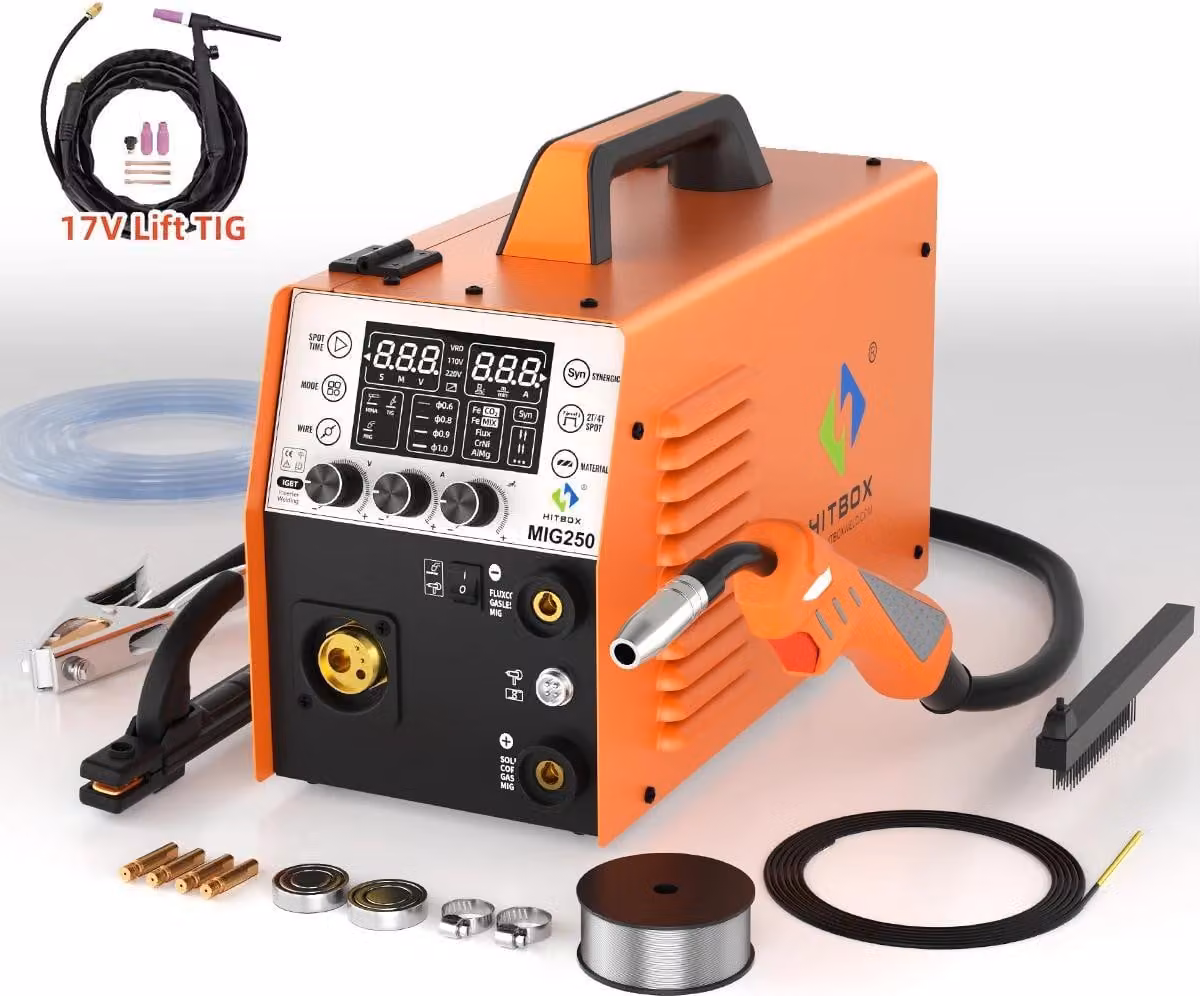 Saldatrice MIG/MAG - MIG250 - 250 A - 3 in 1 MIG/MMA/TIG (Lift-TIG) - Con gas e senza gas - 2T/4T - Inverter IGBT - Con torcia TIG da 17 V - Grigio-marrone