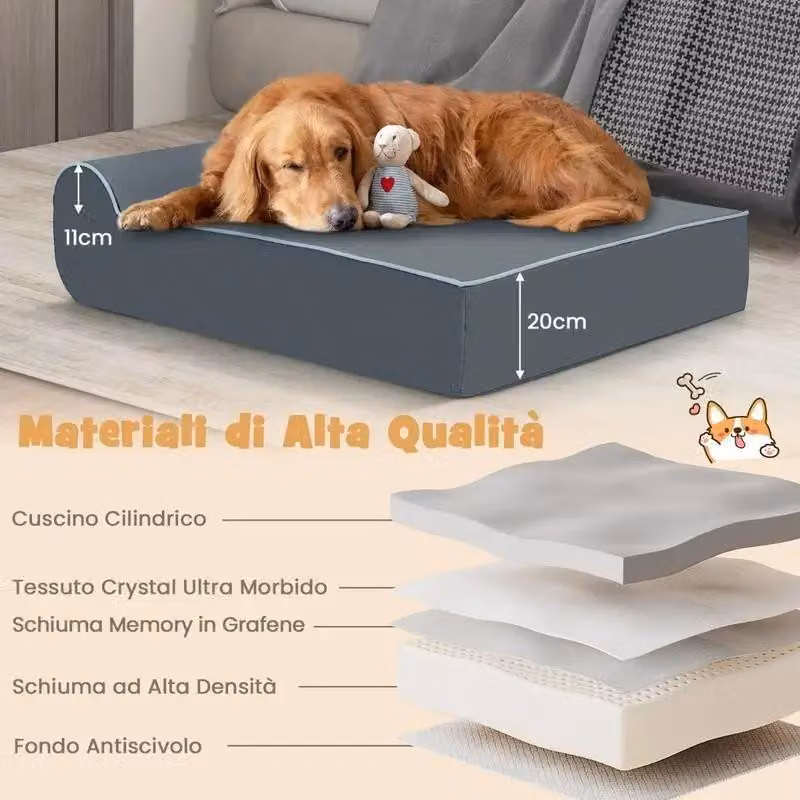 Cuccia ortopedica in memory foam per cani di grossa taglia, con poggiatesta