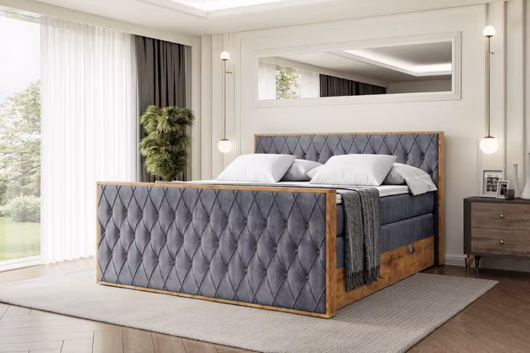Letto boxspring ALTDECOR con materasso e rete a doghe, topper, pediera, letto imbottito con contenitore, letto con spazio contenitivo per materassi H3 e H4, letto matrimoniale -LOLLI5-Z KING-140x200 - Grigio scuro Casablanca