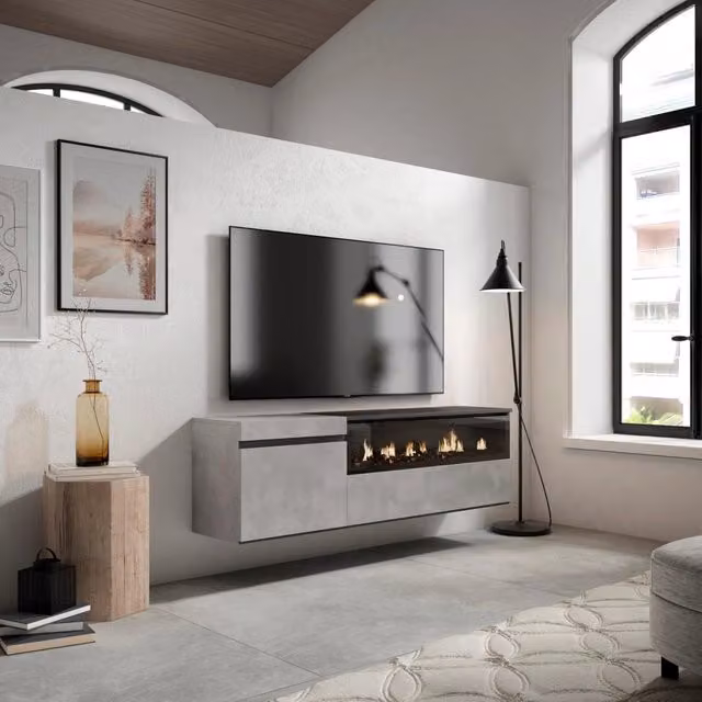 Mobile TV Soggiorno, 150x35x45cm, Per TV fino a 65", Camino elettrico, da appendere, grigio cemento RF2474