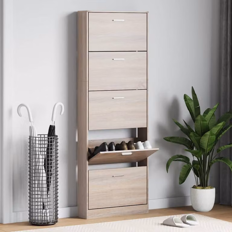 Scarpiera moderna vidaXL in legno effetto rovere color beige con scomparti basculanti da appendere al muro L: 59 cm, P: 17 cm, H: 169 cm
