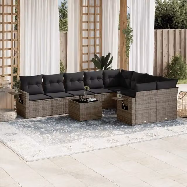 Set Divano da Giardino Moderno VIDAXL in Polyrattan Grigio con 10 Pezzi e Cuscini – 1