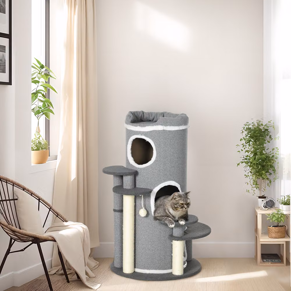 Set di 2 alberi grattatori per gatti PawHut con 4 aree riposanti e 4 tiragraffi, L/P/H: 57 x 57 x 99 cm, Grigio e Bianco – 2