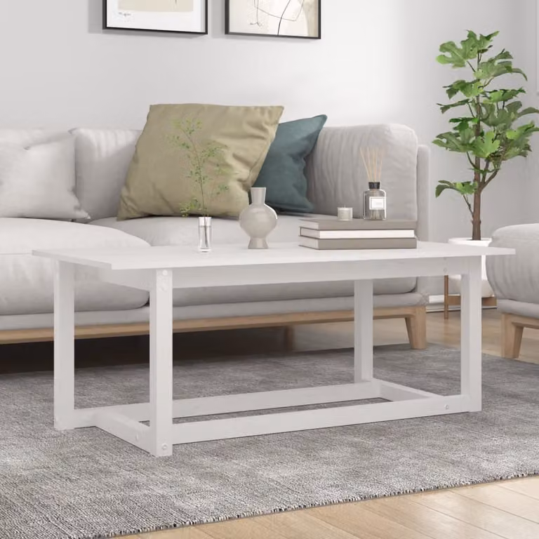 The Living Store tavolino bianco 110x55x45 cm in legno di pino massiccio