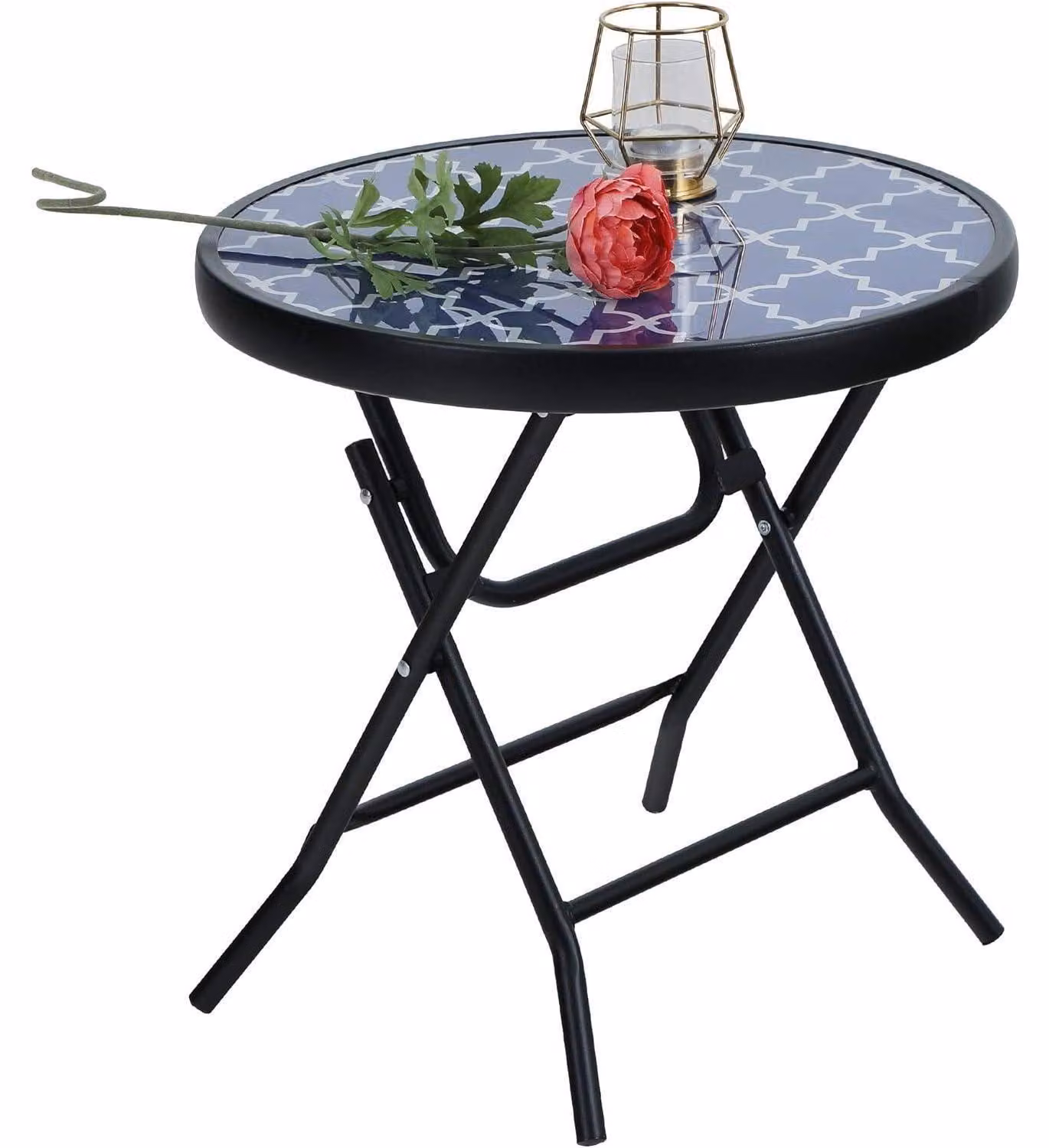 Tavolino pieghevole rotondo, diametro 46 cm, blu, realizzato in vetro temperato resistente agli agenti atmosferici e con struttura in metallo