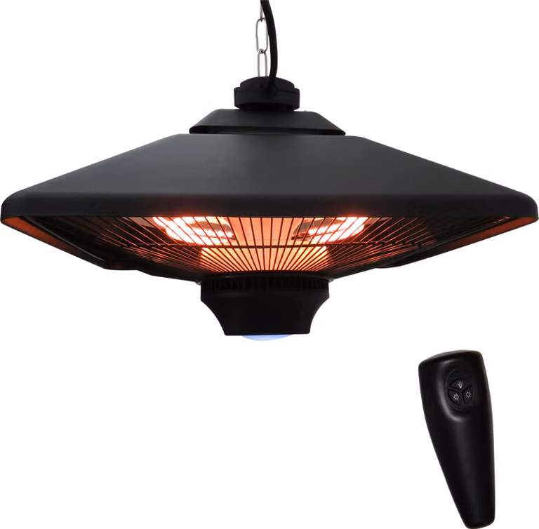 Moonbite, riscaldatore da esterno da 2000 W con telecomando e LED integrati, riscaldatore a infrarossi alogeno da soffitto con 2 livelli di riscaldamento, alluminio, nero