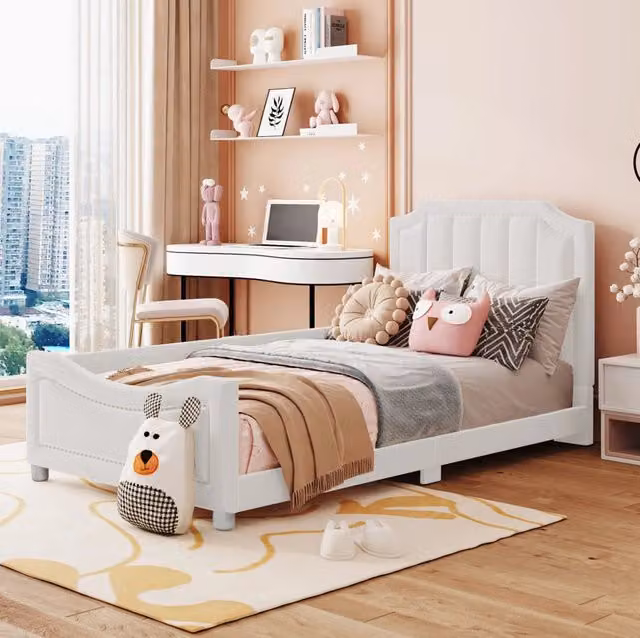 Letto per bambini imbottito 90x200 cm con schienale e braccioli in flanella beige