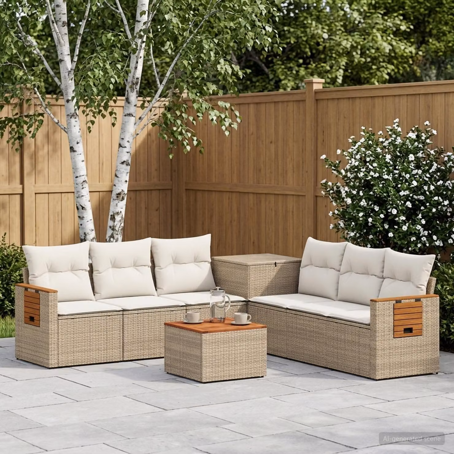 vidaXL Set di divani da giardino 8 pz con tavolino e cuscini, design moderno a L, beige e bianco crema