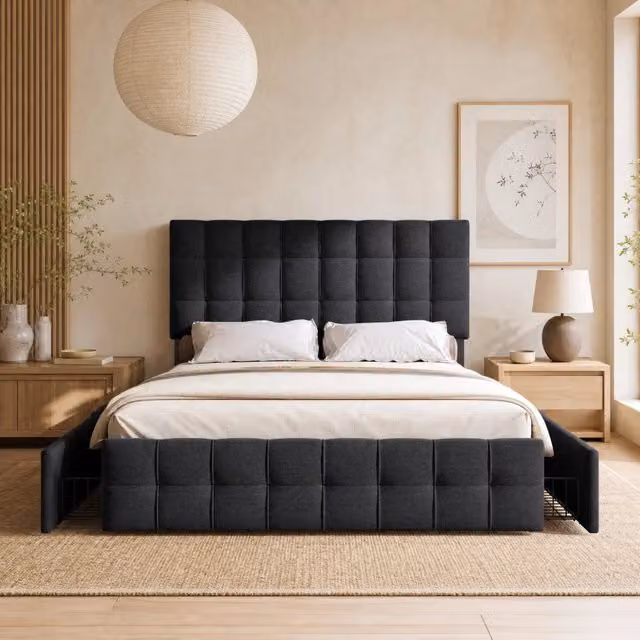 Letto matrimoniale imbottito 140 × 200 cm con 4 cassetti rete a doghe in acciaio lino nero testiera regolabile
